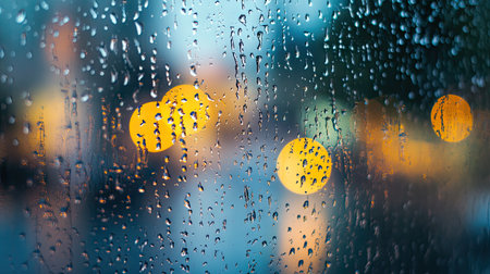 A macro shot of raindrops on a window, with a blurred view of the rainy outdoors beyond the glass.の素材