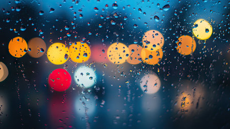 A macro shot of raindrops on a window, with a blurred view of the rainy outdoors beyond the glass.の素材