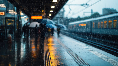 A rainy day at the train station, with passengers waiting under umbrellas and raindrops dripping from the platform roof.の素材