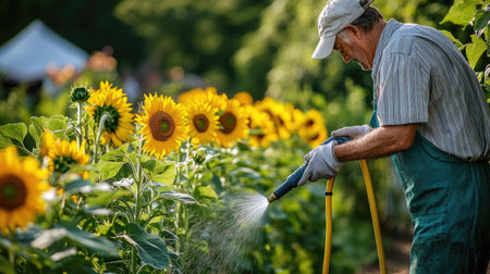 A gardener adjusting the water pressure of a hose while standing next to a row of sunflowers, ensuring they are evenly watered.の素材