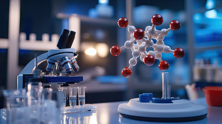 A molecular model highlighting the structure of a protein, placed next to a microscope in a research lab.の素材