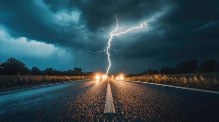 A vertical lightning bolt hitting the ground near a road, with car headlights in the distance, showcasing the storms intensity.の素材