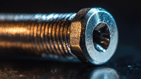 A macro shot of a chrome-plated screw, capturing the light reflections and fine scratches on the surface of the head.の素材