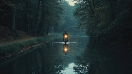 A motorcyclist rides along a forest trail beside a calm river, with trees reflected in the water and the bikes headlights illuminating the path.の素材