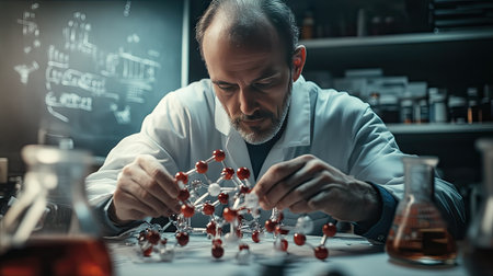 A scientist arranging a physical molecular model in a lab, with chemical formulas written on a nearby whiteboard.の素材