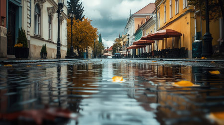 A street covered in puddles as raindrops ripple the water, with umbrellas dotting the scene under the cloudy sky.の素材