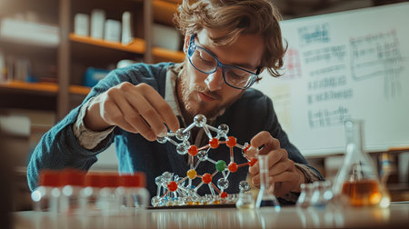 A scientist arranging a physical molecular model in a lab, with chemical formulas written on a nearby whiteboard.の素材