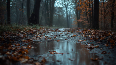 A peaceful forest path drenched in rain, with fallen leaves scattered on the muddy ground.の素材