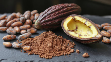 A cacao pod split in half on a slate surface, surrounded by whole cacao beans and a heap of fine cacao powder.の素材
