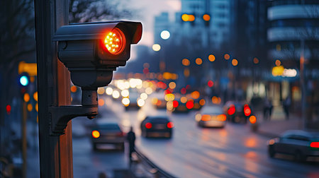 A CCTV camera mounted high on a streetlight pole, keeping watch over a busy city intersection, with cars and pedestrians in the distance.の素材