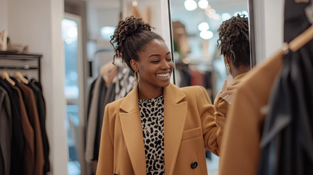 A woman trying on a chic coat in front of a mirror at a clothing store, smiling as she admires the fit and style.の素材