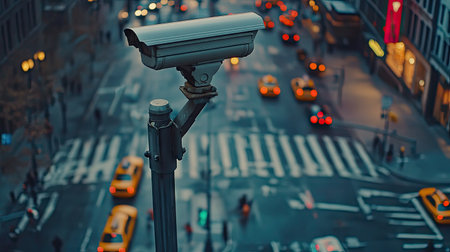 A CCTV camera mounted high on a streetlight pole, keeping watch over a busy city intersection, with cars and pedestrians in the distance.の素材