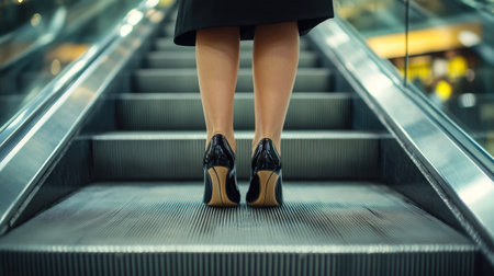 A close-up of a businesswoman's feet in high heels standing on an escalator step, with the polished metal and movement visible beneath her.の素材