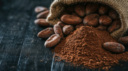 A close-up of cacao beans spilling out of a burlap sack onto a dark wooden surface, with a pile of fine cacao powder nearby.の素材