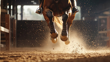 A close-up of a horse's powerful legs as it leaps over a hurdle, with dust kicking up beneath it in a well-lit equestrian arena.の素材