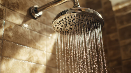 A chrome shower head in a spa-like setting, with water pouring down and creating a relaxing, peaceful atmosphere in the tiled shower area.の素材