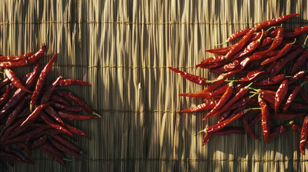 A bunch of red chili peppers drying in the sun, laid out on a bamboo mat, with their skins slowly wrinkling in the heat.の素材