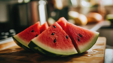 A close-up shot of perfectly sliced watermelon wedges, revealing the juicy red flesh and black seeds, placed on a kitchen countertop.の素材