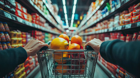 A close-up of a shoppers hands pushing a full shopping cart down a supermarket aisle, with colorful shelves stocked with products in the background.の素材