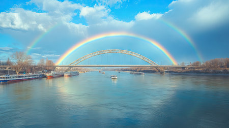 A beautiful rainbow above a bridge spanning a wide river, with boats passing underneath and reflections on the waters surface.の素材