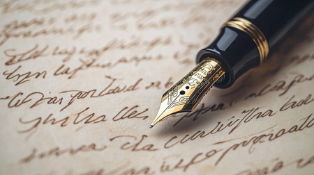A close-up of a luxury fountain pen with a gold nib resting on a sheet of elegant stationery, with a handwritten note in cursive beside it.の素材