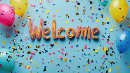 A colorful "Welcome" text in playful, handwritten script, surrounded by vibrant confetti and balloons, perfect for a festive celebration or event.の素材