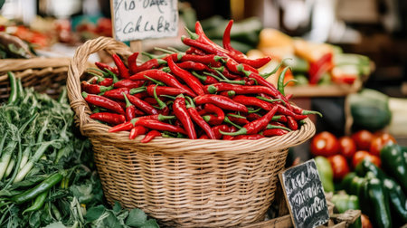 A basket overflowing with fresh red chili peppers at a local market stall, surrounded by other colorful vegetables and handwritten price signs.の素材
