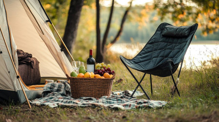 A camping chair set beside a tent and a picnic blanket, with a basket of fresh fruit and a bottle of wine, in a scenic outdoor setting.の素材