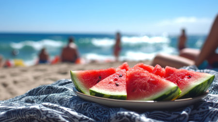 A casual beach picnic scene with a plate of watermelon wedges sitting on a blanket, the ocean and beachgoers visible in the background.の素材