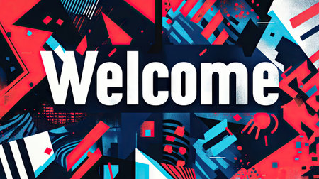 A bold "Welcome" design in block letters, surrounded by geometric patterns and sharp lines, perfect for a modern, cutting-edge visual style.の素材