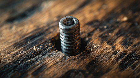 An extreme close-up of a screw embedded in wood, with the threads tightly gripping the surface, showing fine details of the material.の素材