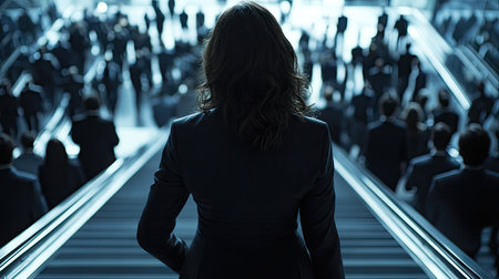 A businesswoman standing confidently on an escalator, looking ahead as she descends into a bustling conference center with a large crowd.の素材