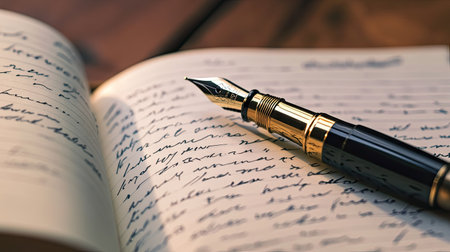A beautiful fountain pen with a gold-plated cap resting on an open journal filled with handwritten notes, with soft natural light streaming in.の素材