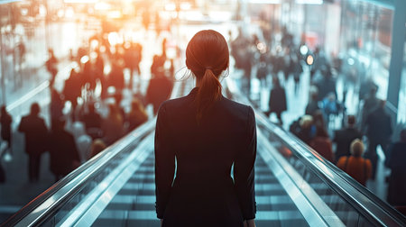 A businesswoman standing confidently on an escalator, looking ahead as she descends into a bustling conference center with a large crowd.の素材