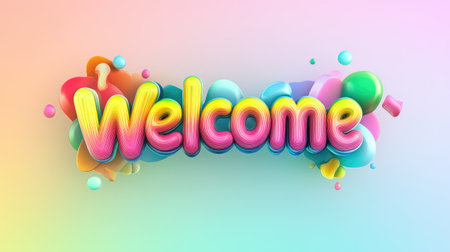 A cheerful "Welcome" text in bright rainbow colors, with a soft gradient background and fun, rounded font, evoking feelings of warmth and positivity.の素材