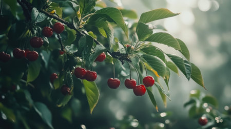 A close-up of a cherry tree branch with ripe cherries and bright green leaves, gently swaying in a breeze.の素材