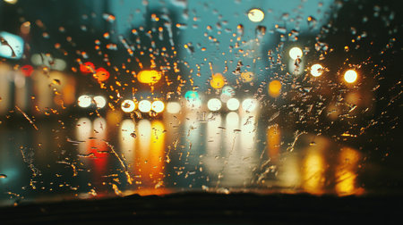 Raindrops hitting a car windshield as seen from inside, with blurred city lights in the background.の素材
