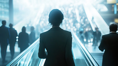 A businesswoman standing confidently on an escalator, looking ahead as she descends into a bustling conference center with a large crowd.の素材