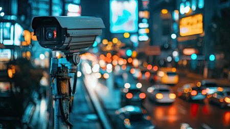 A CCTV camera mounted high on a streetlight pole, keeping watch over a busy city intersection, with cars and pedestrians in the distance.の素材