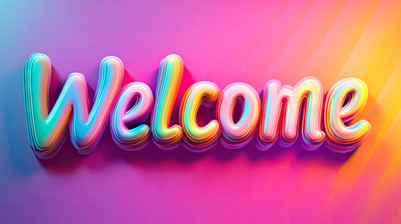 A cheerful "Welcome" text in bright rainbow colors, with a soft gradient background and fun, rounded font, evoking feelings of warmth and positivity.の素材