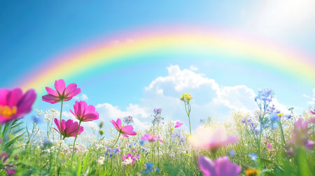 A colorful rainbow appearing over a flower-filled meadow, with wildflowers in the foreground and a bright blue sky above.の素材