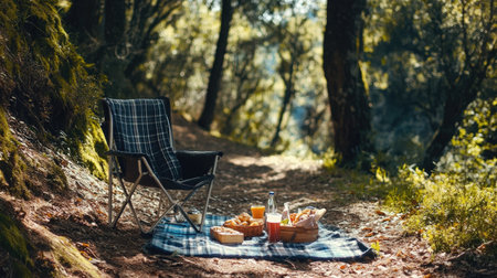 A cozy picnic scene with a single camping chair facing a picnic blanket spread with snacks and beverages, set on a forest trail.の素材