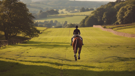 A horse and rider perfectly positioned as they clear a series of jumps in a lush green field during a cross-country event.の素材
