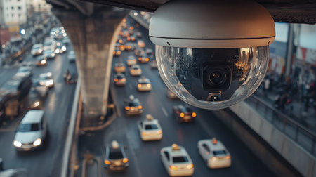 A dome security camera fixed to a bridge overpass, capturing traffic and pedestrians below as part of city-wide surveillance.の素材