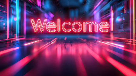A dynamic "Welcome" message in a futuristic font, with neon lights and abstract shapes creating a tech-inspired, digital atmosphere.の素材