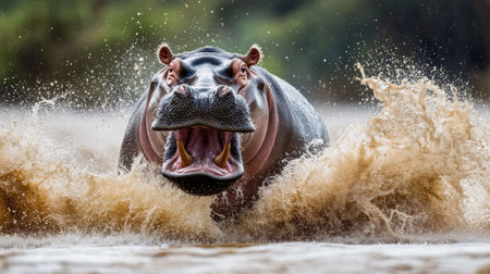 A dramatic shot of a hippo charging through water with its mouth wide open, splashing furiously as it moves toward the camera.の素材