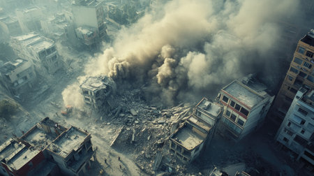 A drone shot capturing the devastation of an earthquake, with collapsed buildings, rescue operations, and dust-filled air over a city.の素材