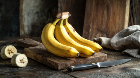 A group of organic bananas arranged on a rustic table, with a knife and cutting board ready for meal preparation in a farm-style kitchen.の素材
