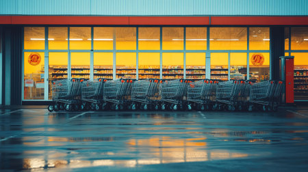 A line of empty shopping carts neatly stacked outside a supermarket entrance, waiting for customers under the bright store signage.の素材