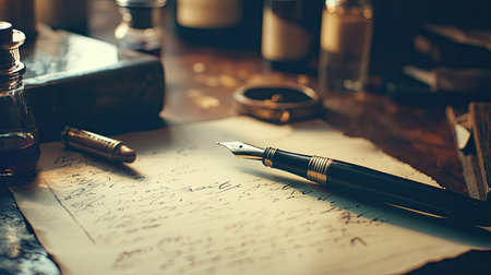 A fountain pen resting on a calligraphy guide, with a freshly inked nib ready for practice, surrounded by paper and ink bottles.の素材